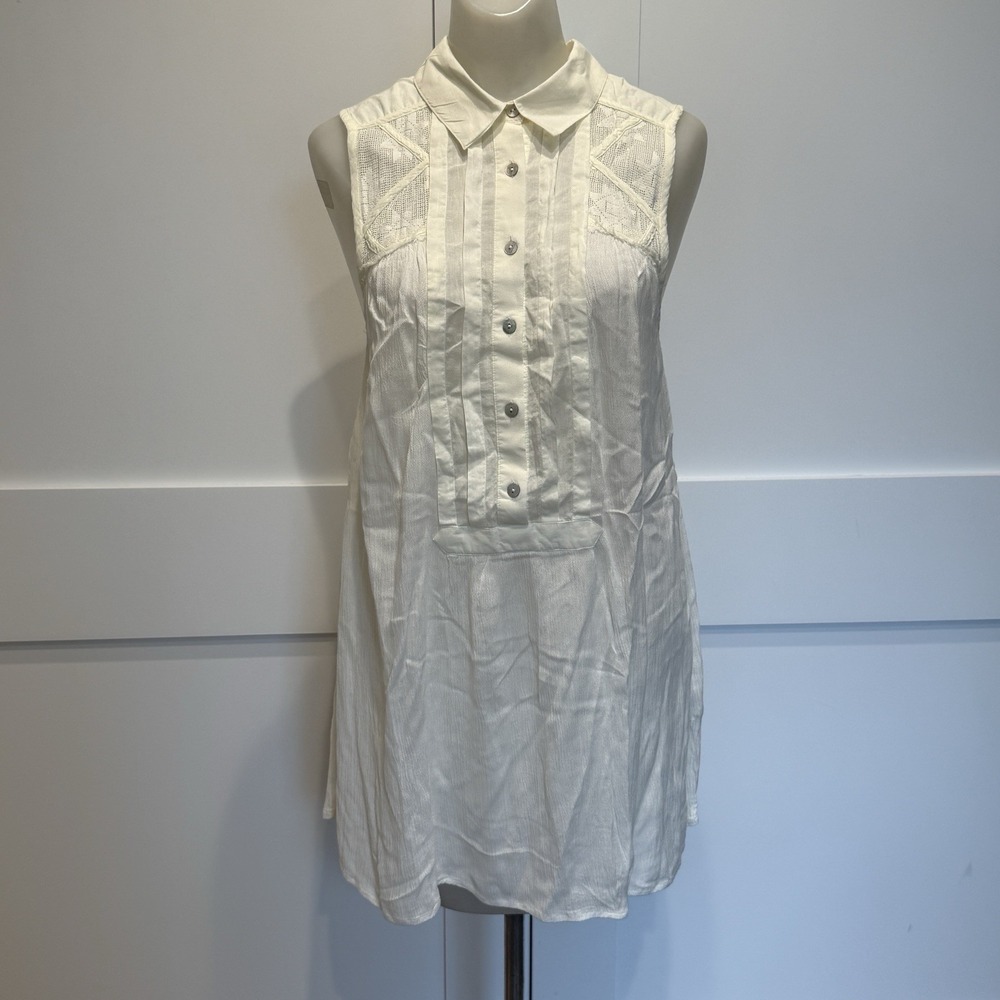 Free People Ivory Lace Pintuck Tuxedo Mini Shift Dress Boho Festival Medium